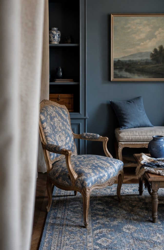 10 Ways to Style Vintage Chairs in Any Room 5 French-style chair with blue floral upholstery and a carved wood frame