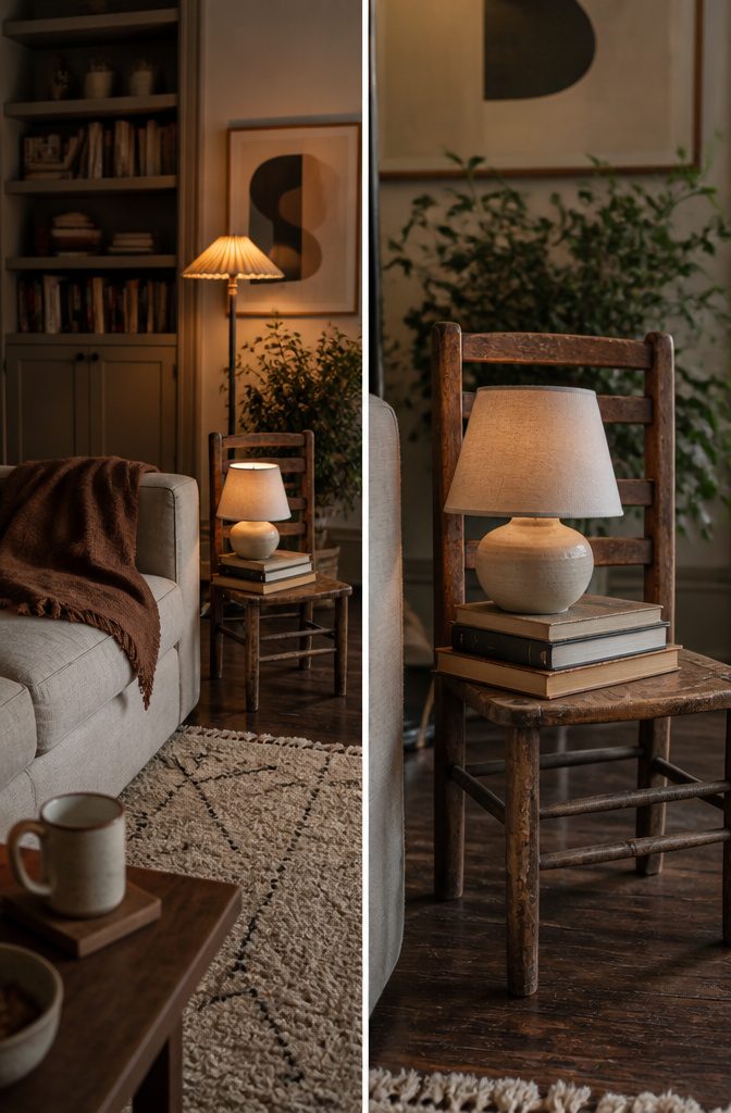 10 Ways to Style Vintage Chairs in Any Room 9 Old chair used as a side table beside a sofa
