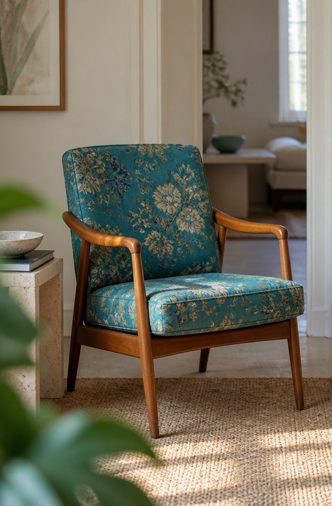 10 Ways to Style Vintage Chairs in Any Room 2 Teal floral mid-century chairs with warm wood frames against a neutral backdrop