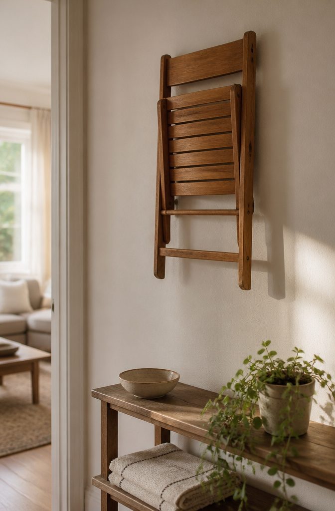 10 Ways to Style Vintage Chairs in Any Room 10 Oak folding chair hung on a wall with its back facing out