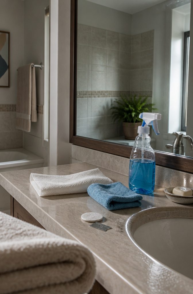 How to Write on Mirrors: 6 Steps for Clean, Readable Text 7 Mirror with white lettering above glass cleaner paper towel cotton pad and razor blade