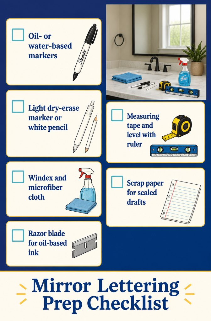 How to Write on Mirrors: 6 Steps for Clean, Readable Text 8 Mirror lettering prep checklist with marker measuring tape level cloth and razor blade