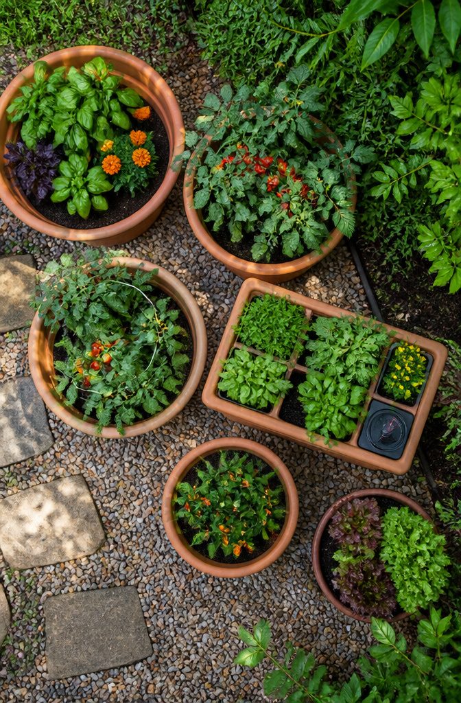12 Small Yard Landscaping Ideas for Every Outdoor Space 3 Cluster of terracotta pots with plants along a railing.