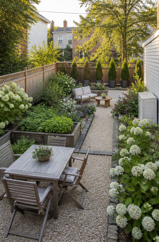 12 Small Yard Landscaping Ideas for Every Outdoor Space 4 Gravel paths dividing sections of a small yard.