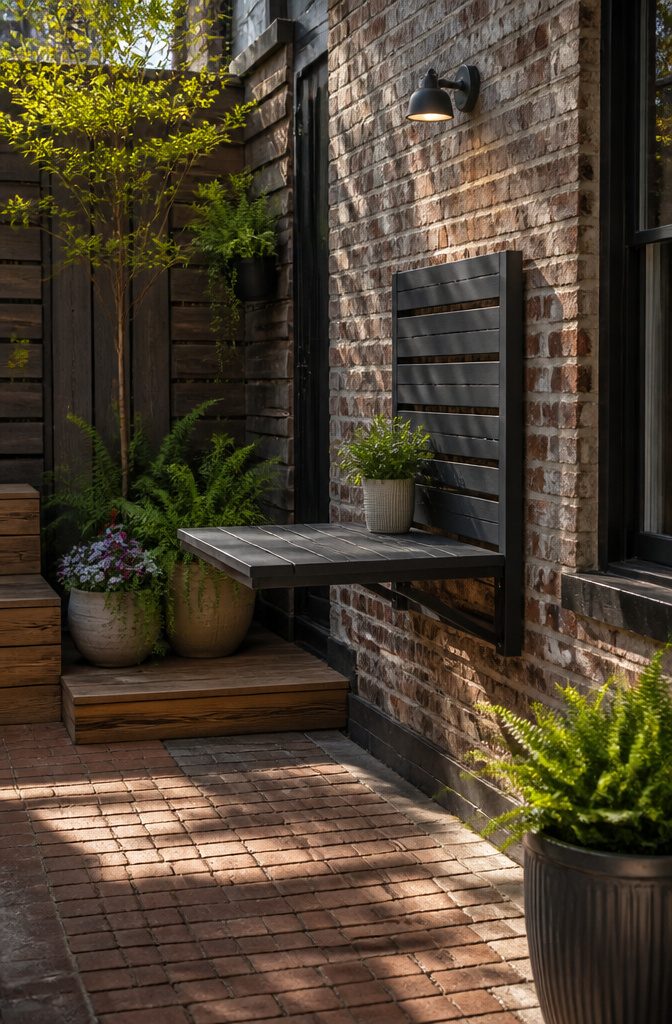 12 Small Yard Landscaping Ideas for Every Outdoor Space 5 Folding table mounted on a brick wall in a small yard.
