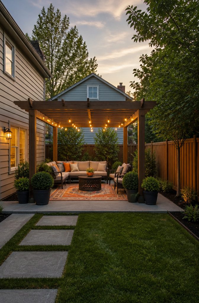 12 Small Yard Landscaping Ideas for Every Outdoor Space 12 Pergola over a small patio with a rug and string lights.