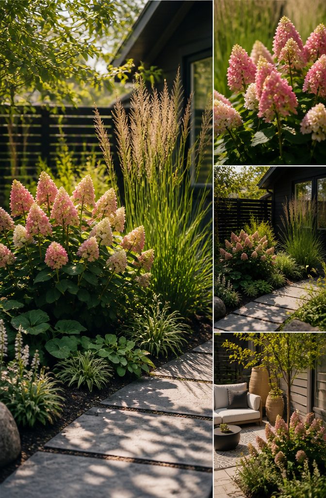 12 Small Yard Landscaping Ideas for Every Outdoor Space 11 Fire Light Tidbit Hydrangea in a small garden bed.