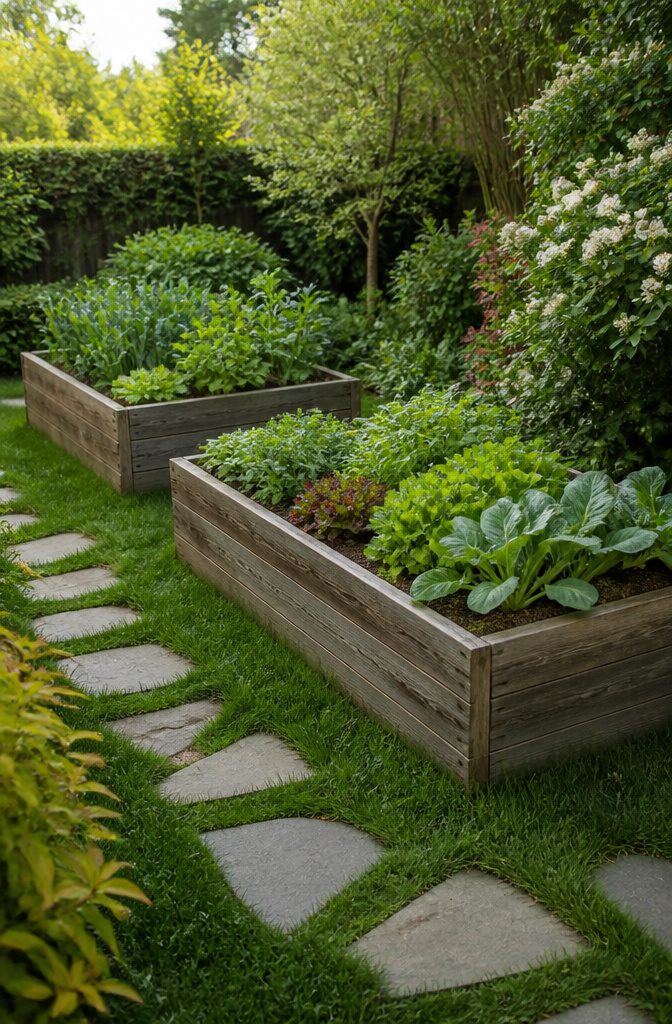 12 Small Yard Landscaping Ideas for Every Outdoor Space 8 Two raised garden beds filled with vegetables and herbs.