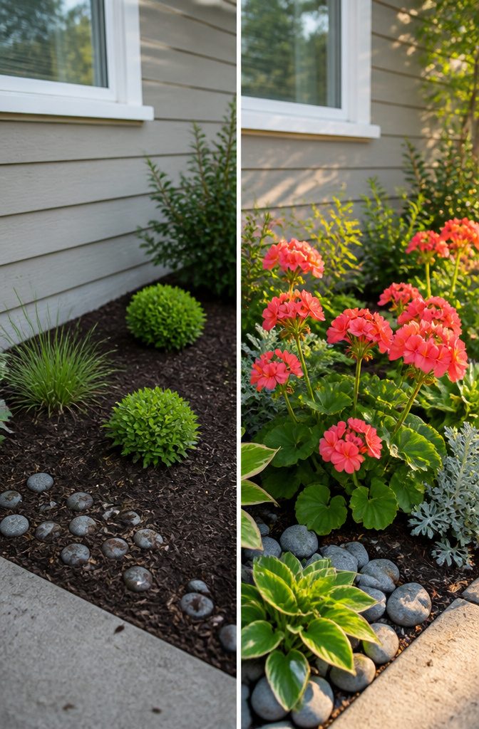 12 Small Yard Landscaping Ideas for Every Outdoor Space 6 Flower bed with vibrant coral geraniums at the front.