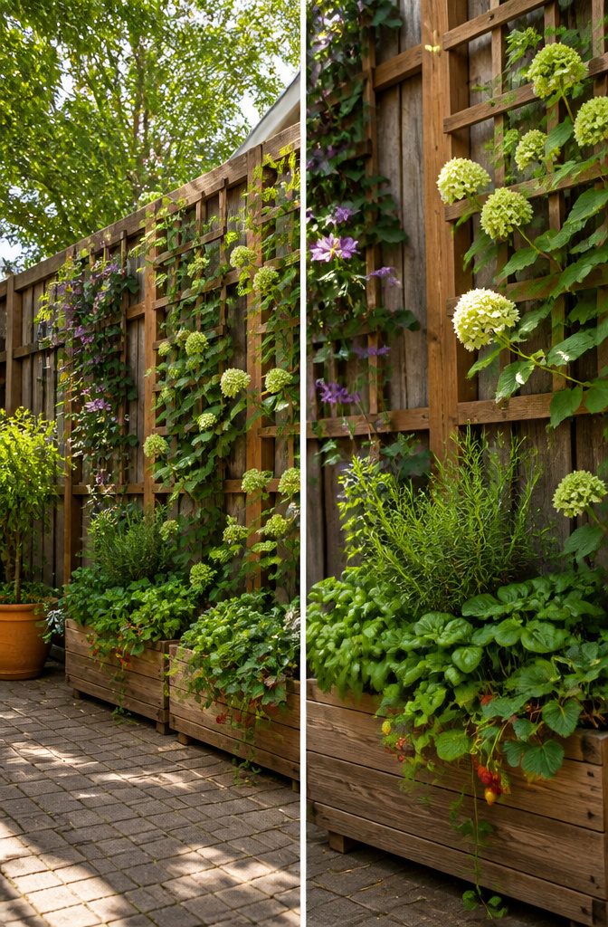 12 Small Yard Landscaping Ideas for Every Outdoor Space 2 Wall planters and trellises with plants growing vertically.