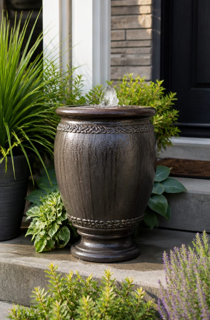 12 Small Yard Landscaping Ideas for Every Outdoor Space 7 Bubbling urn fountain on a concrete stoop.